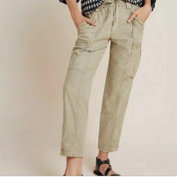 Anthropologie green drawl string elastic waist cargo pants ankle size 29 - Picture 2 of 6